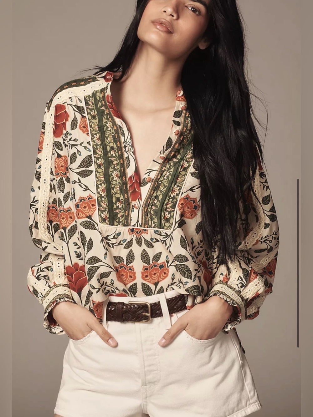 Farm Rio Garden Tapestry Sand Boho Floral Blouse Large NWT - Picture 1 of 7
